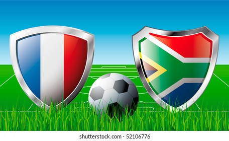 France versus South Africa abstract vector illustration isolated on white background. Shiny football shield of flag France versus South Africa