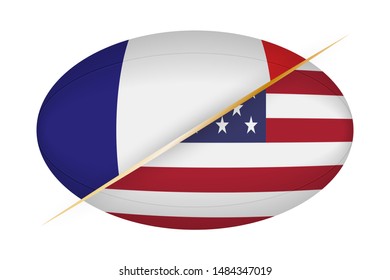 France versus USA, concept for rugby tournament. Vector flags stylized Rugby ball.