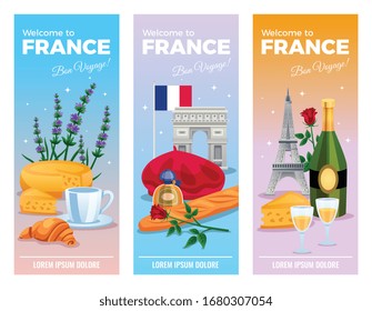 Banderas verticales francesas con símbolos de turismo y comida ilustraciones vectoriales aisladas