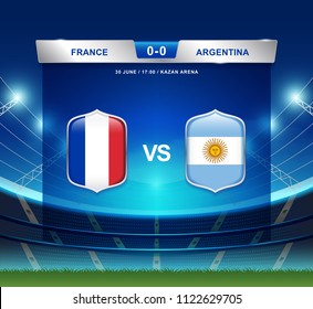 France vs Argentina scoreboard broadcast template for sport soccer 2018 and football league or world tournament championship vector illustration