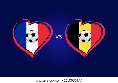 France vs Belgium flags, national team soccer on navy blue background. Franch and Belgian national flag in a heart, button vector. 