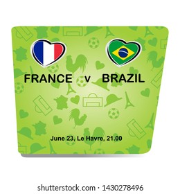 France vs Brazil, Women world football match 2019 with green background, French pattern with modern and traditional elements, Vector illustration