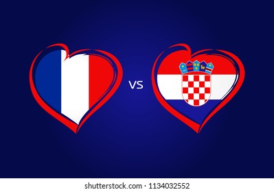 France vs Croatia flags, national team soccer on navy blue background. French and Croatian national flag in a heart, button vector. Football championship of the competition 2018