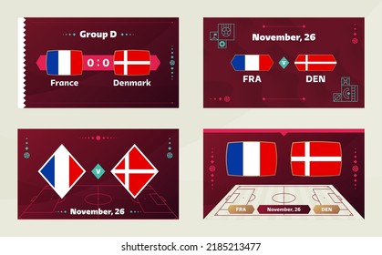 France vs Denmark, Football 2022, Group D. World Football Competition championship match versus teams intro sport background, championship competition final poster, vector illustration.