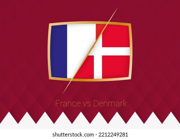 France vs Denmark, group stage icon of football competition on burgundy background. Vector icon.