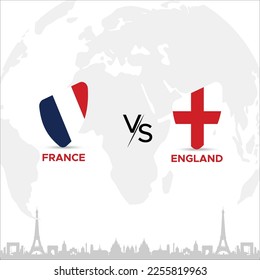 France vs England Badge in flag design on France skyline background for a sports tournament, this vector for sports match template or banner in vector illustration. Fully editable EPS.