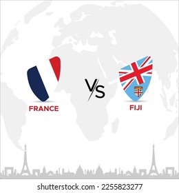 France vs Fiji Badge in flag design on France skyline background for a sports tournament, this vector for sports match template or banner in vector illustration. Fully editable EPS.
