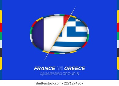 Icono de Francia vs Grecia para la clasificación al torneo de fútbol europeo, grupo B. Icono de la competencia en el fondo estilizado.