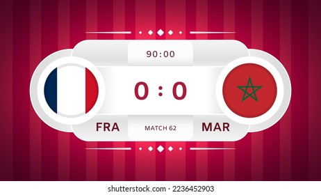 France vs Morocco Match Design Element. Flag icons isolated on stylized red striped background. Football Championship Competition Infographics. Announcement, Game Score Template. Vector