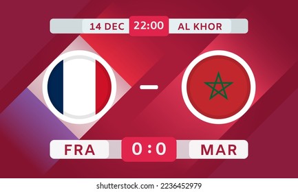 France vs Morocco Match Design Element. Flags Icons with transparency isolated on red background. Football Championship Competition Infographics. Announcement, Game Score Template. Vector