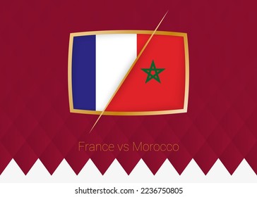 France vs Morocco, Semi finals icon of football competition on burgundy background. Vector icon.