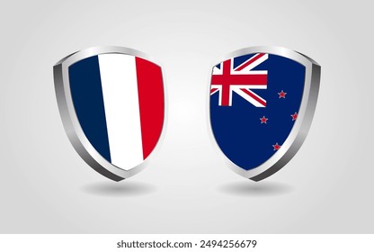 France vs New Zealand flag shields on a white background, Football soccer championship competition vector illustration