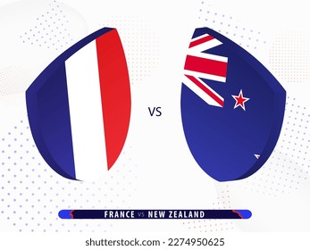 Partido de rugby entre Francia y Nueva Zelanda, competencia internacional de rugby 2023. Plantilla para torneo mundial.