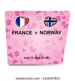 France vs Norway, Women world football match 2019 with pink background, French pattern with modern and traditional elements, Vector illustration