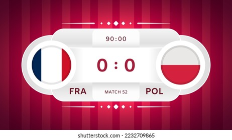 France vs Poland Match Design Element. Flag icons isolated on stylized red striped background. Football Championship Competition Infographics. Announcement, Game Score, Scoreboard Template. Vector