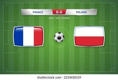 France vs Poland scoreboard broadcast template for sport soccer tournament 2022 and football championship round of 16 vector illustration