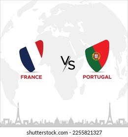 France vs Portugal Badge in flag design on France skyline background for a sports tournament, this vector for sports match template or banner in vector illustration. Fully editable EPS.