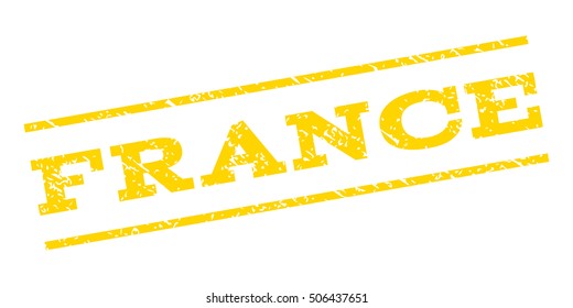 France watermark stamp. Text caption between parallel lines with grunge design style. Rubber seal stamp with unclean texture. Vector yellow color ink imprint on a white background.