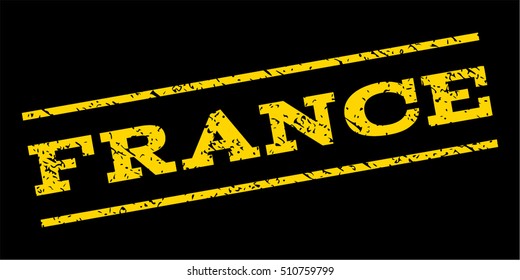 France watermark stamp. Text caption between parallel lines with grunge design style. Rubber seal stamp with dirty texture. Vector yellow color ink imprint on a blue background.