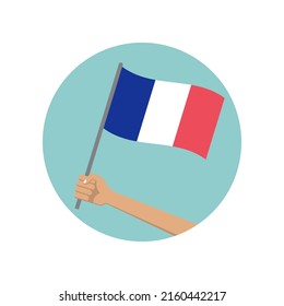 France Waving Flag Circle Icon. Hand Holding French Flag. National Symbol. Vector Illustration. 