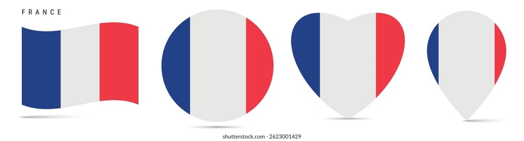 France waving flag, round circle sticker badge, heart shaped icon, map pin. French flag buttons of different shapes. Vector illustration isolated on white.