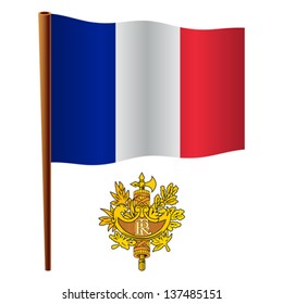 france wavy flag and coat of arms against white background, vector art illustration, image contains transparency