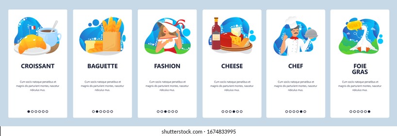 France website and mobile app onboarding screens. Menu banner vector template for web site and application development with liquid abstract shapes. France culture, fashion, food cheese, croissant etc.