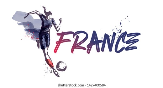 France Women's Soccer National Team Vector Design. Female Player Running. Typographic Layout. Lettering Sport Logo.