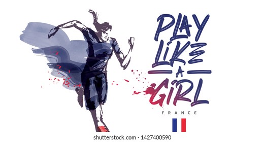 France Women's Soccer National Team Vector Design. Female Player Running. Typographic Layout. Lettering Sport Logo.