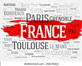 FRANCE word cloud, travel concept, list of cities in France