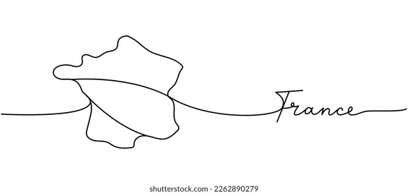 France - word with country silhouette one line. Minimalist drawing of phrase illustration. France country silhouette continuous one line illustration.