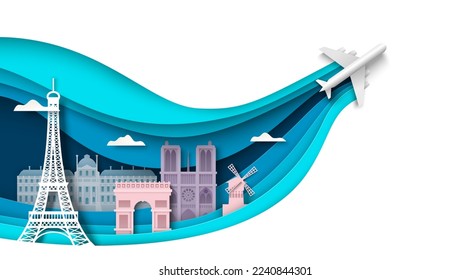 France world travel vector background. Paris city paper cut skyline with landmark building illustration. Postcard with cityscape panorama. Honeymoon vacation romantic trip