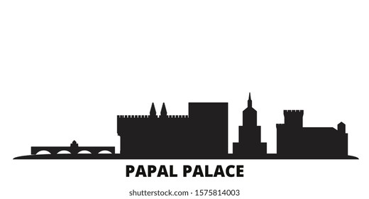 France,Papal Palace, Episcopal Ensemble Avignon Bridge city skyline isolated vector illustration. France,Papal Palace, Episcopal Ensemble Avignon Bridge travel black cityscape