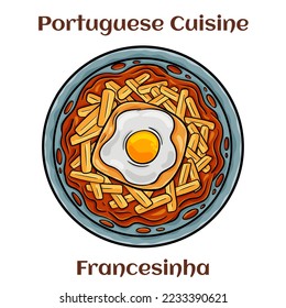 Francesinha sandwich on plate, typical food from Porto, Portugal. With fried egg.