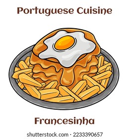 Francesinha sandwich on plate, typical food from Porto, Portugal. With fried egg.