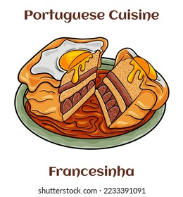 Francesinha sandwich on plate, typical food from Porto, Portugal. With fried egg.