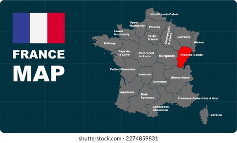 Franche-Comte Map, Franche-Comte red highlighted in 🇫🇷 FANCE 🇫🇷 map, flat design illustration vector