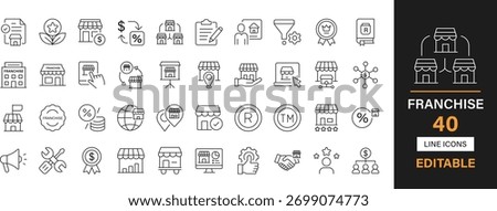Franchise 40 editable line icons pack. Business, branch, license, expansion, network, distribution, retail, outlet, agreement, brand and more icons.