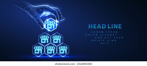 Franchise. Abstract 3D human hand holds store icon in hexagon on top of store pyramid. Manage a chain of stores, expand business, new branches, license and franchise concept. Digital AI technology.