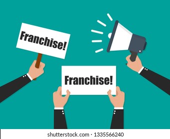 Franchise. Badge with megaphone icon. Flat vector
