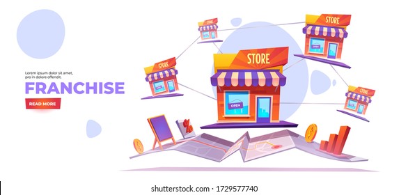 Franchise banner. Expanding SME business model concept. Vector landing page of growth brand chain store, franchising system with cartoon illustration of shop buildings and map on white background