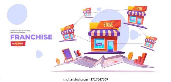 Franchise banner. Franchising business branch expansion. Small enterprise, company, shop, retail store or service network with home office, corporate headquarter, Cartoon vector illustration, poster