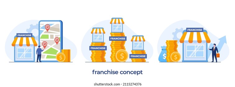 Franchise-Banner. Franchising Business Filiale Expansion. Kleines Unternehmen, Unternehmen, Laden, Einzelhandel oder Dienstleistungsnetz, flache Vektorgrafik-Vorlagenbanner