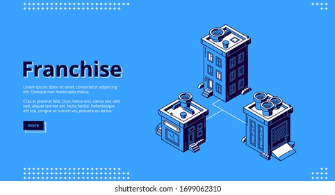 Franchise banner. Open branch, expanding business model concept. Vector landing page of growth brand chain store, franchising system with isometric icon of network of retail shops