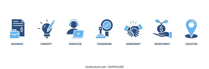 Franchise banner web icon vector illustration with icon of business, concept, operator, trademark, agreement, investment, and location