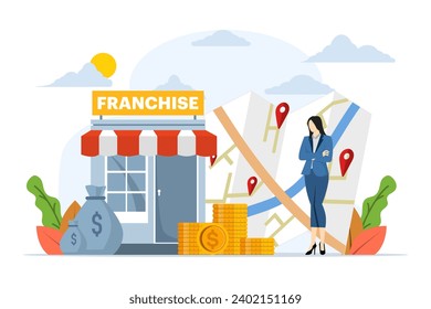 Franchise Business Filiale Expansion Konzept, Business Planning Expansion Strategie. Kleine Unternehmen, Unternehmen, Geschäfte, Dienstleistungsketten, Einzelhandelsgeschäfte. flache Vektorgrafik auf Hintergrund.