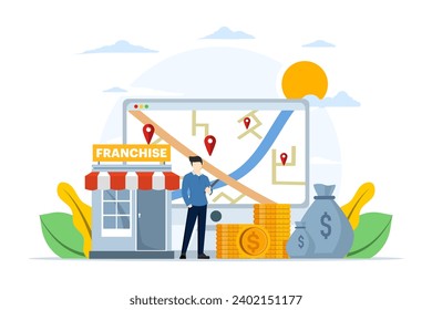 Franchise business branch expansion concept, entrepreneur planning expansion strategy. Small companies, corporations, shops, service chains, retail stores. flat vector illustration on background.