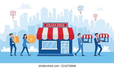 Franchise business composition with images of stores held by characters of business people with location signs vector illustration 