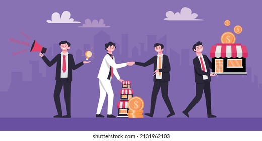 Franchise business composition with outdoor cityscape background with characters of businessmen holding coins storefronts shaking hands vector illustration