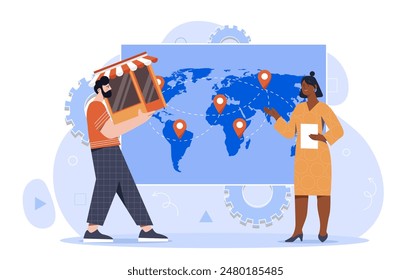 Franchise business concept. Man and woman near global map. Collaboration and cooperation. Business partnership and development of company. Commerce and marketing. Cartoon flat vector illustration